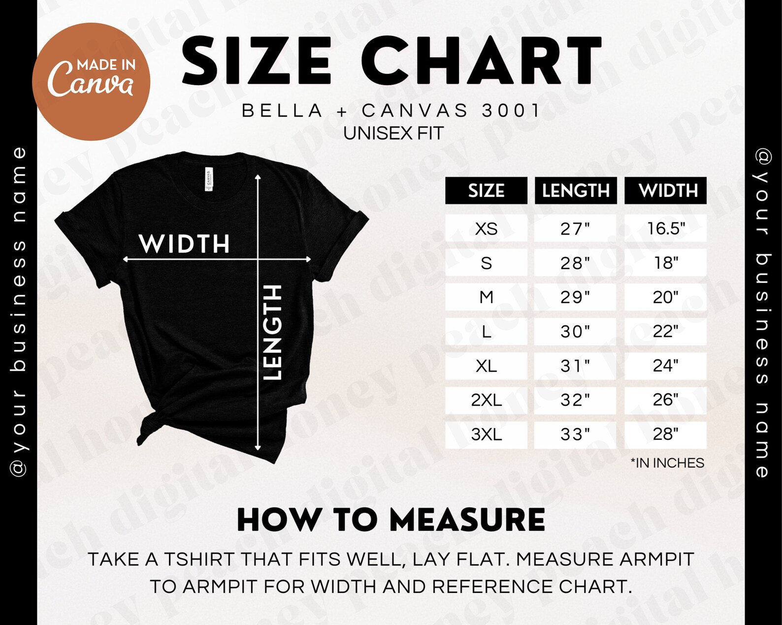 3001 Size Chart Template Editable Bella Canvas Mockup Size - Etsy