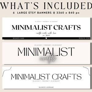 K&ouml;nnte beinhalten: Sechs Etsy-Banner-Vorlagen f&uuml;r minimalistische Handwerksbetriebe. Die Banner zeigen den Text "Minimalist Crafts" in einer fetten, serifenlosen Schriftart. Der Text "Classy. Trendy. Elegant." erscheint auf jedem Banner. Ein Banner enth&auml;lt den Text "crafts made with love xo anna".