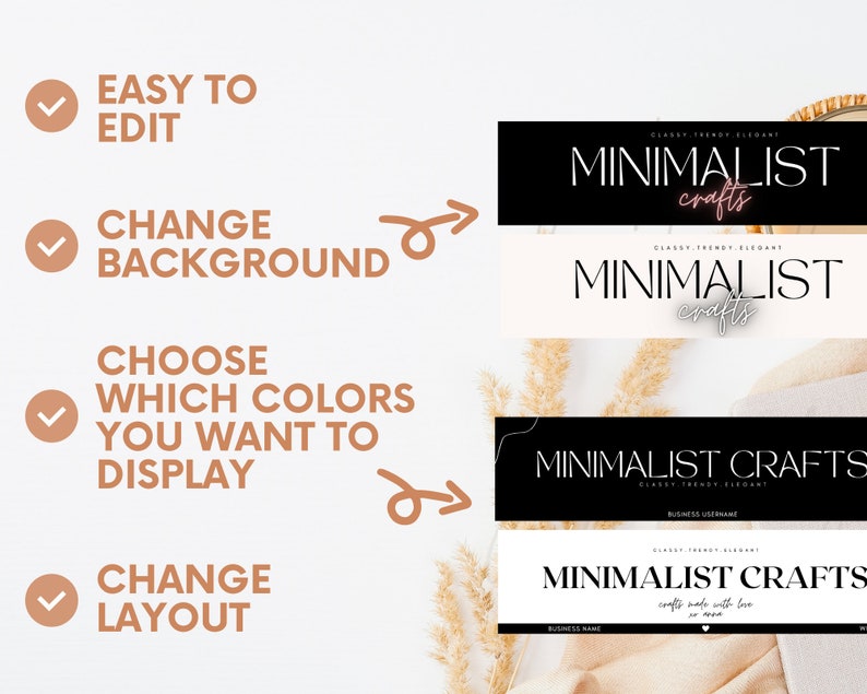 K&ouml;nnte beinhalten: Vier verschiedene Social-Media-Banner-Designs f&uuml;r ein Unternehmen namens "Minimalist Crafts". Die Banner haben ein Schwarz-Wei&szlig;-Farbschema mit dem Text "Minimalist Crafts" in einer modernen Schriftart. Der Text "Classy, Trendy, Elegant" ist ebenfalls auf den Bannern enthalten.