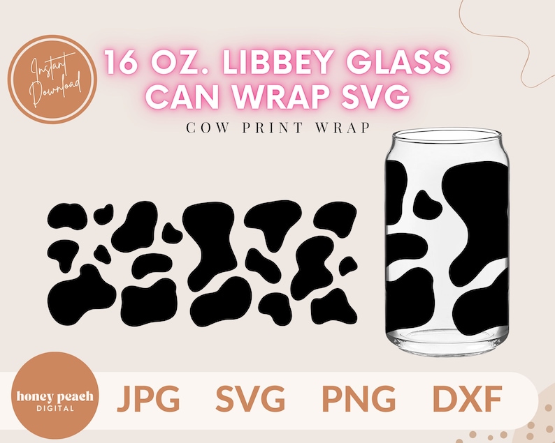 K&ouml;nnte beinhalten: Ein digitaler Download eines Kuhflecken-Designs f&uuml;r eine 473 ml Libbey Glas-Dosenh&uuml;lle. Das Design ist schwarz-wei&szlig; und zeigt ein Kuhfleckenmuster. Das Design ist auf einer durchsichtigen Glasdose dargestellt.