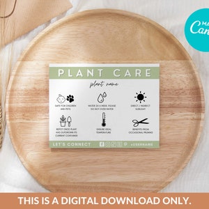 May include: A printable plant care card with a green background and black icons. The card includes instructions for watering, sunlight, repotting, temperature, and pruning. The text on the card reads "PLANT CARE", "plant name", "SAFE FOR CHILDREN AND PETS", "WATER 2X A WEEK, PLEASE DO NOT OVER WATER", "DIRECT/INDIRECT SUNLIGHT", "REPOT ONCE PLANT HAS OUTGROWN ITS CURRENT CONTAINER", "ENSURE IDEAL TEMPERATURE", "BENEFITS FROM OCCASIONAL PRUNING", "LET'S CONNECT", "FOFEP", "USERNAME".