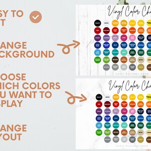 May include: A customizable vinyl color chart with a variety of colors, including black, white, red, blue, green, yellow, and brown. The chart is labeled "Vinyl Color Chart" and includes the text "your business name".