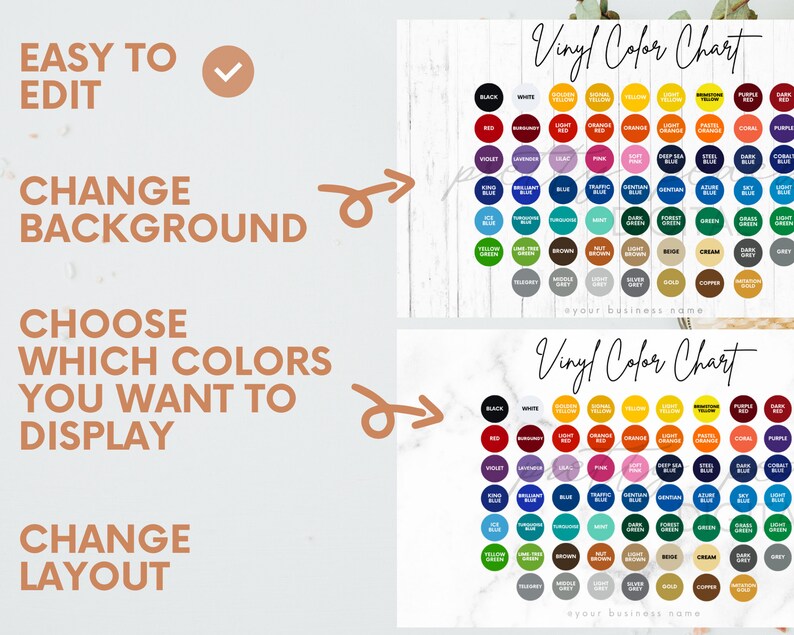 May include: A customizable vinyl color chart with a variety of colors, including black, white, red, blue, green, yellow, and brown. The chart is labeled "Vinyl Color Chart" and includes the text "your business name".