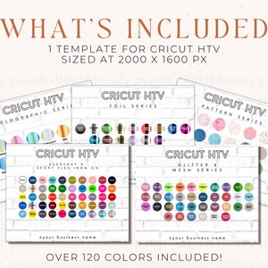 May include: Four Cricut HTV color charts, each with a different series: Holographic, Foil, Pattern, and Glitter & Mesh. Each chart shows a variety of colors and includes the text "Cricut HTV" and the series name. The text "Over 120 Colors Included!" is at the bottom of the image.