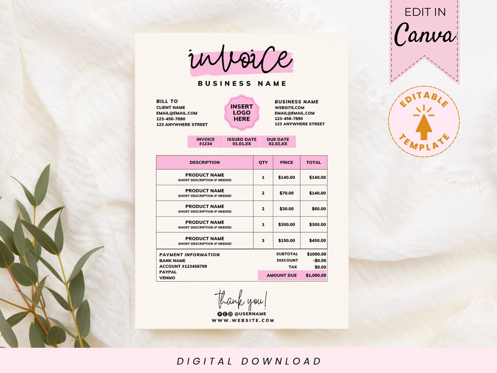 Pink Invoice Template Invoice Download Invoice Estimate - Etsy