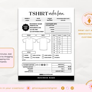 Tshirt Order Form Template, Editable Blank Shirt Order Forms, Printable ...