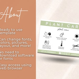 May include: A green and white printable plant care card template with icons for watering, sunlight, temperature, and pruning. The text on the card says "PLANT CARE" and "plant name".