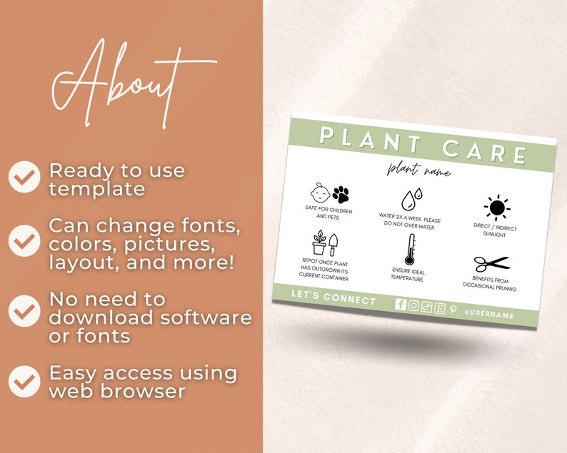 May include: A green and white printable plant care card template with icons for watering, sunlight, temperature, and pruning. The text on the card says "PLANT CARE" and "plant name".