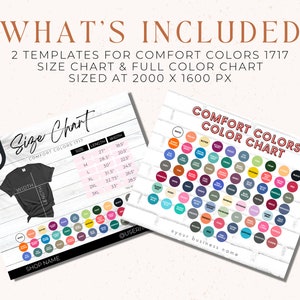May include: Two printable templates for Comfort Colors 1717 apparel. The first template is a size chart with a black t-shirt illustration and measurements in inches. The second template is a color chart with 100 colour swatches.