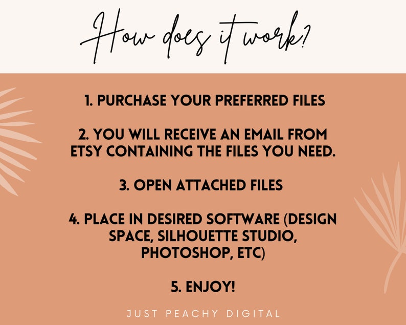 Op de afbeelding: Een perzikkleurige achtergrond met een lijst met instructies over het gebruik van digitale bestanden die op Etsy zijn gekocht. De tekst luidt: "Hoe werkt het? 1. Koop uw gewenste bestanden 2. U ontvangt een e-mail van Etsy met de bestanden die u nodig heeft. 3. Open de bijgevoegde bestanden 4. Plaats ze in de gewenste software (Design Space, Silhouette Studio, Photoshop, etc.) 5. Geniet ervan! Just Peachy Digital"