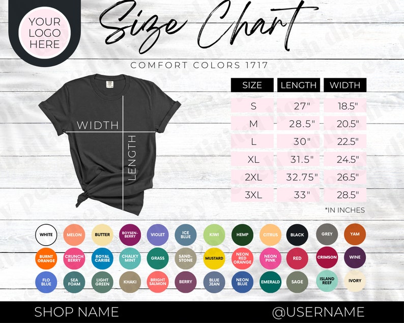 May include: Size chart for t-shirts in sizes S to 3XL. The chart shows the length and width of each size in inches. The chart is labelled "Comfort Colors 1717".