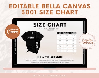May include: A size chart for Bella + Canvas 3001 unisex t-shirts. The chart shows measurements in inches for XS, S, M, L, XL, 2XL, 3XL sizes. The chart includes length and width measurements.