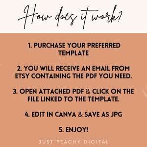 May include: A peach-colored background with a white text overlay explaining how to use a digital template. The text reads: "How does it work? 1. Purchase your preferred template. 2. You will receive an email from Etsy containing the PDF you need. 3. Open attached PDF & click on the file linked to the template. 4. Edit in Canva & save as JPG. 5. Enjoy! Just Peachy Digital."
