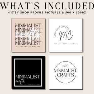 K&ouml;nnte beinhalten: Vier Etsy-Shop-Profilbilder, jeweils 500 Pixel mal 500 Pixel. Das erste Bild ist ein hellbrauner Hintergrund mit dem Text "MINIMALIST", der f&uuml;nfmal in Schwarz wiederholt wird. Das zweite Bild ist ein wei&szlig;er Hintergrund mit einem schwarzen Kreis, der den Text "MINIMALIST CRAFTS" und die Initialen "MC" in Kursivschrift enth&auml;lt. Das dritte Bild ist ein schwarzer Hintergrund mit einem wei&szlig;en Quadrat, das den Text "MINIMALIST crafts" in Wei&szlig; enth&auml;lt. Das vierte Bild ist ein wei&szlig;er Hintergrund mit einem schwarzen Kreis, der den Text "MINIMALIST CRAFTS" enth&auml;lt.