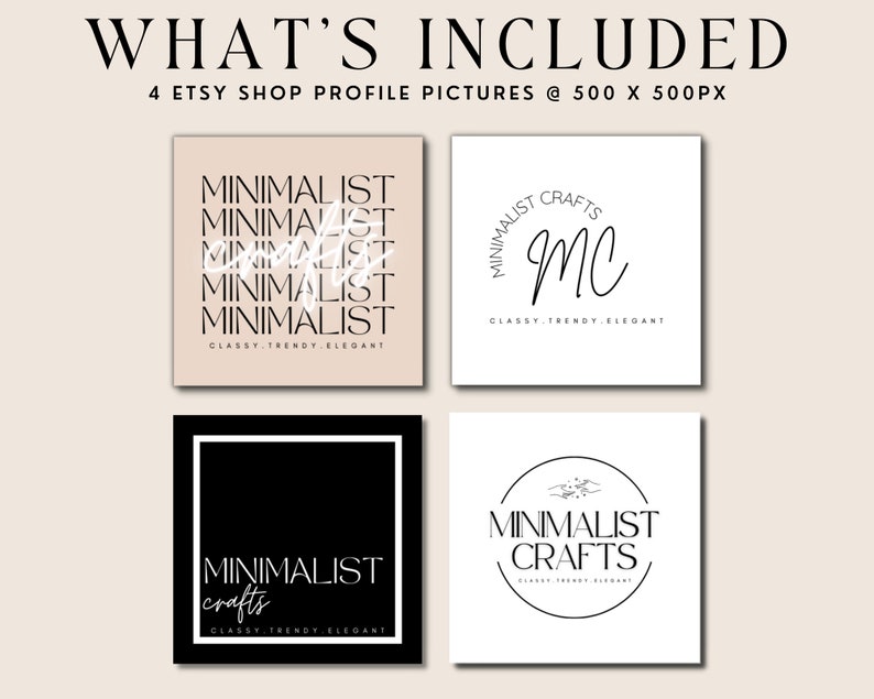 K&ouml;nnte beinhalten: Vier Etsy-Shop-Profilbilder, jeweils 500 Pixel mal 500 Pixel. Das erste Bild ist ein hellbrauner Hintergrund mit dem Text "MINIMALIST", der f&uuml;nfmal in Schwarz wiederholt wird. Das zweite Bild ist ein wei&szlig;er Hintergrund mit einem schwarzen Kreis, der den Text "MINIMALIST CRAFTS" und die Initialen "MC" in Kursivschrift enth&auml;lt. Das dritte Bild ist ein schwarzer Hintergrund mit einem wei&szlig;en Quadrat, das den Text "MINIMALIST crafts" in Wei&szlig; enth&auml;lt. Das vierte Bild ist ein wei&szlig;er Hintergrund mit einem schwarzen Kreis, der den Text "MINIMALIST CRAFTS" enth&auml;lt.