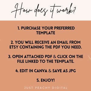 May include: A peach-colored background with a list of steps on how to use a digital template. The steps are: 1. Purchase your preferred template, 2. You will receive an email from Etsy containing the PDF you need, 3. Open attached PDF & click on the file linked to the template, 4. Edit in Canva & save as JPG, 5. Enjoy! The text "Just Peachy Digital" is at the bottom of the image.