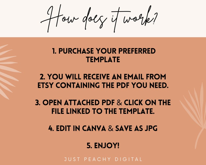May include: A peach-colored background with a list of steps on how to use a digital template. The steps are: 1. Purchase your preferred template, 2. You will receive an email from Etsy containing the PDF you need, 3. Open attached PDF & click on the file linked to the template, 4. Edit in Canva & save as JPG, 5. Enjoy! The text "Just Peachy Digital" is at the bottom of the image.