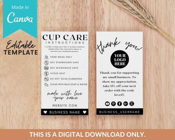 Editable Cup Care Card Template, Printable Tumbler Care Card Template,  Tumbler Packaging Insert, Tumbler Care Instructions Canva Template 