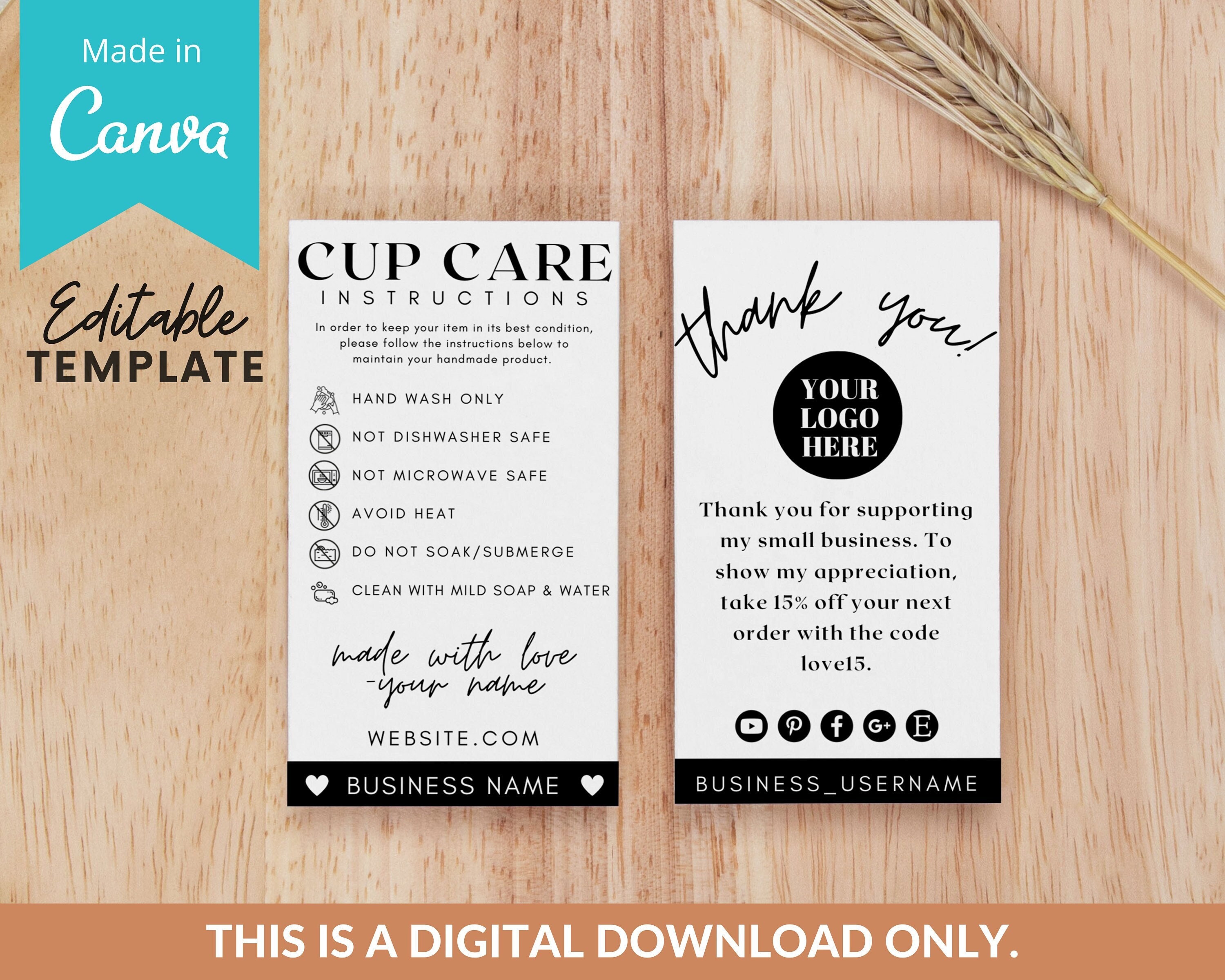 Editable Cup Care Card Template, Printable Tumbler Care Card