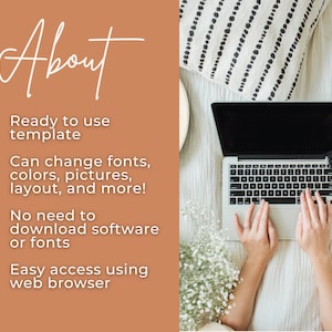 May include: A checklist of features for a web-based template. The checklist includes the following: Ready to use template, Can change fonts, colors, pictures, layout, and more!, No need to download software or fonts, Easy access using web browser.
