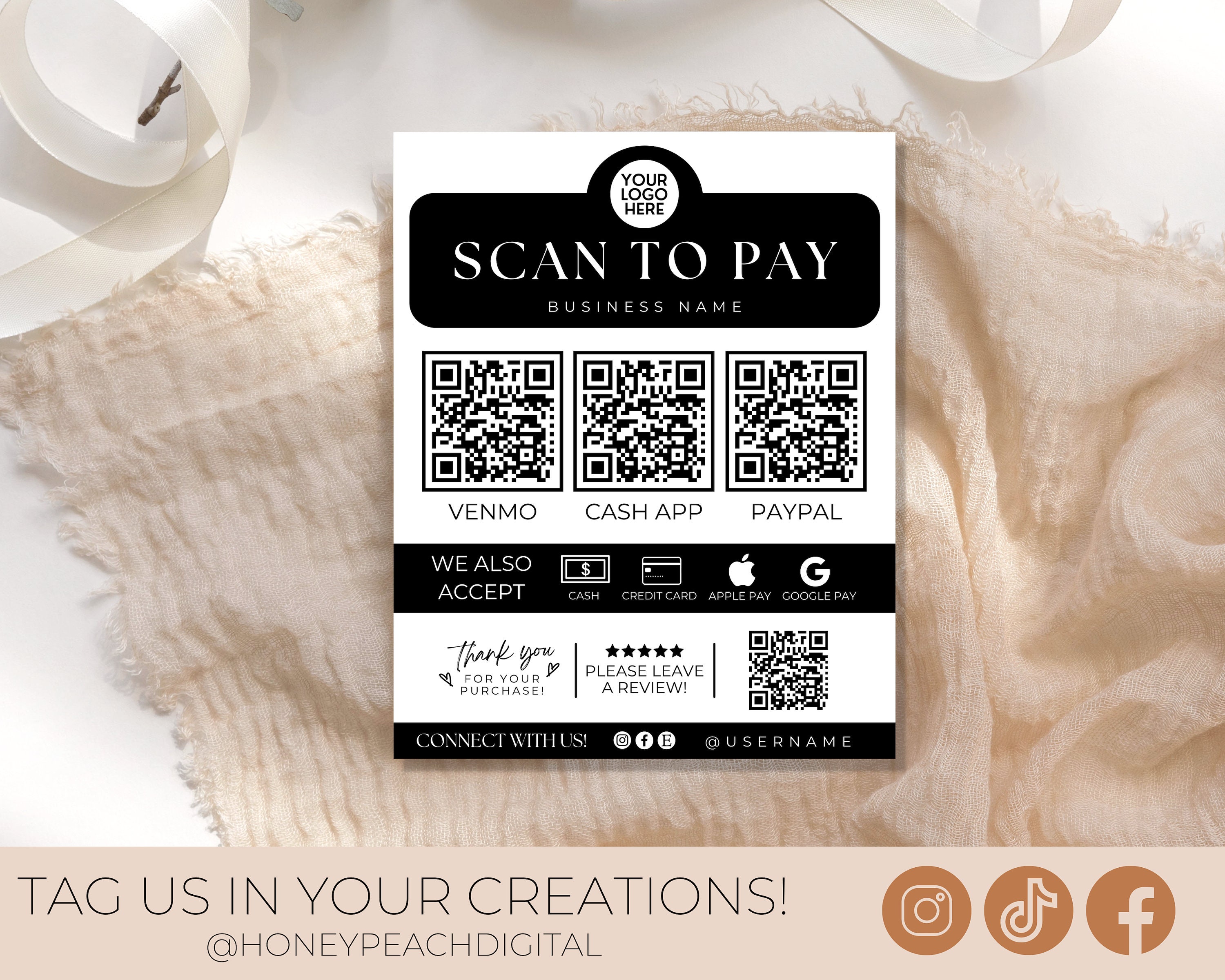 Editable Scan to Pay Sign Template, Minimalist QR Code Sign Printable ...