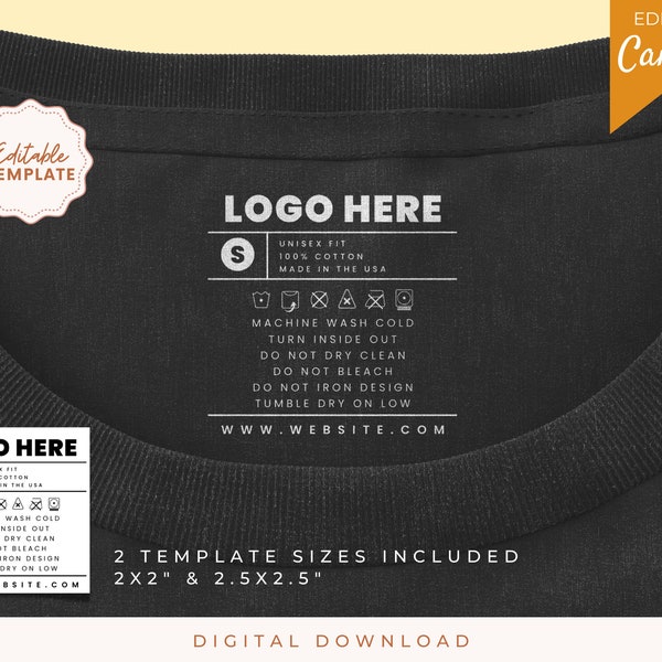 Editable Clothing Tag Template, DIY tshirt Neck Label Tags, Custom clothing tags, Wash Care Card, Garment Care Tag Template