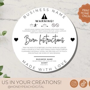 Pode incluir: Um r&oacute;tulo circular branco com texto preto que diz "Nome da Empresa" no topo e "Feito com amor" na parte inferior. O r&oacute;tulo tamb&eacute;m inclui um aviso sobre a seguran&ccedil;a das velas, instru&ccedil;&otilde;es de queima e um nome e endere&ccedil;o da empresa. O r&oacute;tulo &eacute; projetado para frascos de velas.