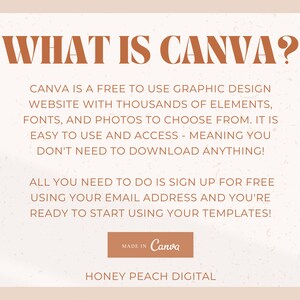 May include: A graphic design tutorial explaining what Canva is and how to use it. The text reads "What is Canva? Canva is a free to use graphic design website with thousands of elements, fonts, and photos to choose from. It is easy to use and access - meaning you don't need to download anything! All you need to do is sign up for free using your email address and you're ready to start using your templates! Made in Canva. Honey Peach Digital."