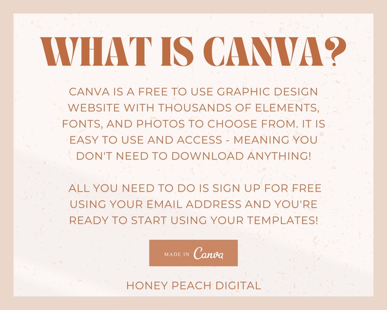 May include: A graphic design tutorial explaining what Canva is and how to use it. The text reads "What is Canva? Canva is a free to use graphic design website with thousands of elements, fonts, and photos to choose from. It is easy to use and access - meaning you don't need to download anything! All you need to do is sign up for free using your email address and you're ready to start using your templates! Made in Canva. Honey Peach Digital."