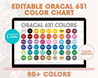 May include: A digital color chart for Oracal 631 vinyl, showing over 80 colors in a grid format. The chart is displayed on a laptop screen with a white brick background. The colors are arranged in rows by color family, including red, orange, yellow, green, blue, purple, and brown.