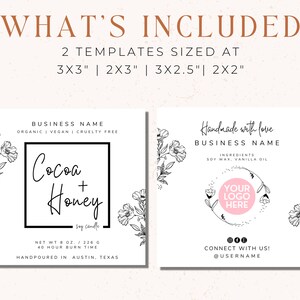 May include: Two candle label templates featuring floral designs. The first template is for a "Cocoa + Honey" soy candle with a 40-hour burn time. The second template is for a candle with soy wax and vanilla oil. Both templates include space for a business name, logo, and social media information.
