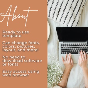 May include: A checklist of features for a web-based template. The checklist includes the following: Ready to use template, Can change fonts, colours, pictures, layout, and more!, No need to download software or fonts, Easy access using web browser.