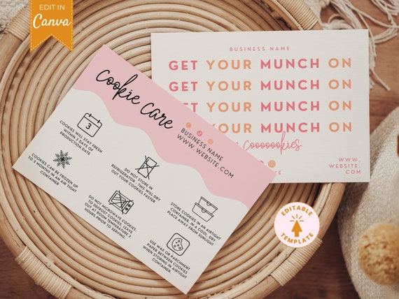 Editable Cookie Care Card Template, Bakery Business Card, Cookie Instructions, Printable Biscuit Care card, Pink Bakery Template