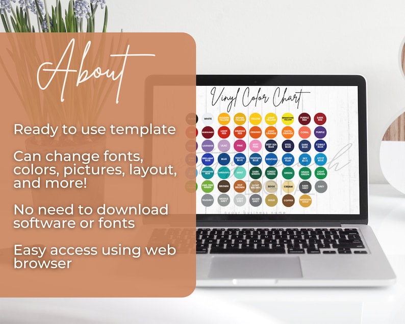 May include: A laptop computer displaying a vinyl color chart with over 60 different colors. The text "Vinyl Color Chart" is at the top of the chart. The text "About" is on a brown background with text describing the features of a ready-to-use template.