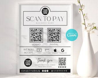 Editable Scan to Pay Sign Template, Minimalist QR Code Sign Printable, Payment Sign Canva Template, Luxury Branding for Small Business