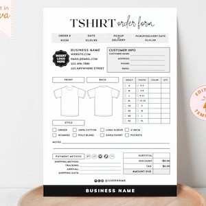 Tshirt Bestellformular Vorlage, bearbeitbare leere Shirt Bestellformulare, druckbare Tshirt Bestellformulare, Tshirt Rechnung, benutzerdefinierte Bestellformular Canva Vorlage