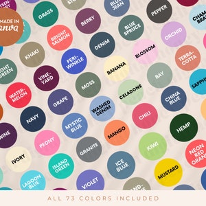 May include: A chart of 73 different colour swatches with names for each colour. The colours are arranged in a circular pattern with the text "Made in Canva" in the centre.