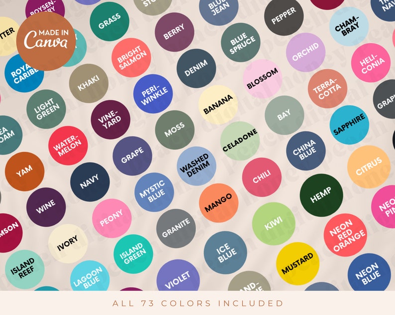 May include: A chart of 73 different colour swatches with names for each colour. The colours are arranged in a circular pattern with the text "Made in Canva" in the centre.