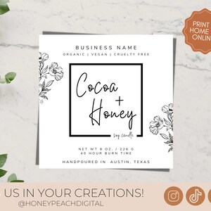 May include: A white label with black text and floral illustrations for a soy candle called "Cocoa + Honey". The label states that the candle is organic, vegan, and cruelty-free. It also states that the candle is hand-poured in Austin, Texas. The label includes the candle's net weight (8 oz / 226 g) and burn time (40 hours).