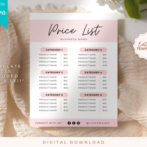 Editable Salon Price List Template, Makeup Price List, Pink Business Price List Template, Printable Price Sheet, Small Business Price Guide