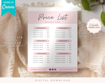 Puede incluir: Una plantilla de lista de precios rosa y blanca con el texto "Price List" y "Business Name" en la parte superior. La plantilla está dividida en seis categorías, cada una con un nombre de producto y un precio. La plantilla es editable e incluye dos tamaños: 5x7 pulgadas y 8,5x11 pulgadas.