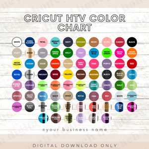 May include: A color chart for Cricut HTV featuring a variety of colors, including neon, fluorescent, and foil options. The chart is organized in rows and columns, with each color represented by a circle.