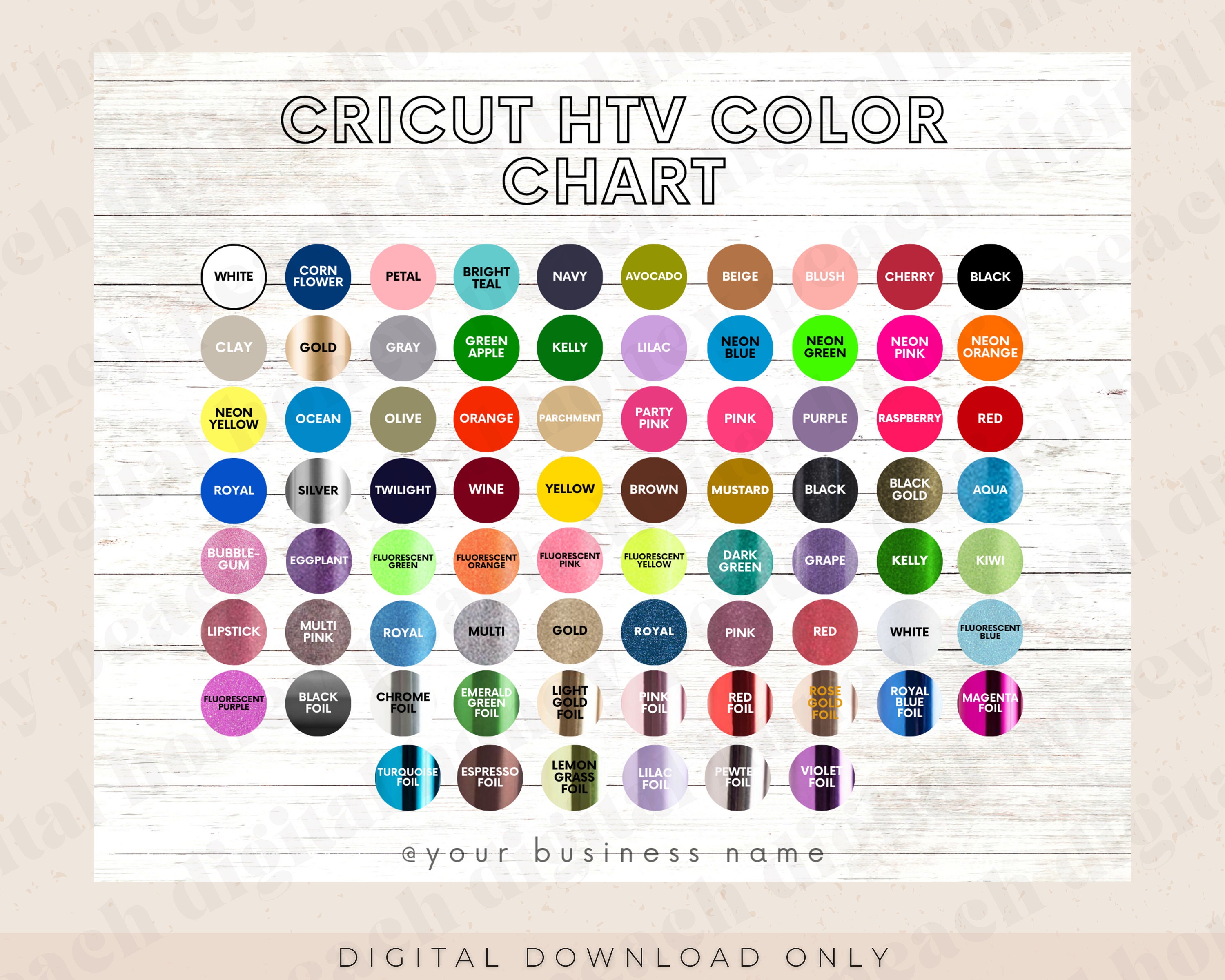 Editable Cricut Vinyl Color Chart, Permanent Vinyl Color Chart