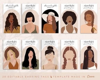 20 Editable Earring Display Card Template, Boho Earring Tag Template, Earring Template, Female Illustration Earring Packaging Insert