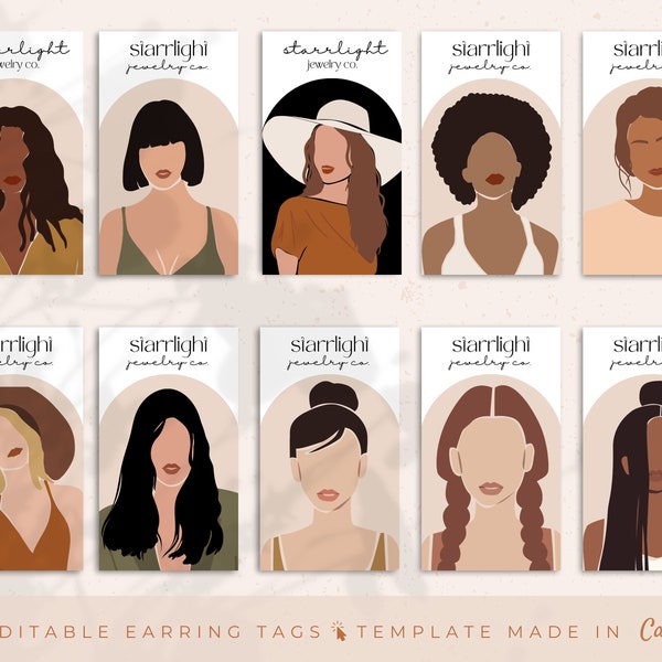 20 Editable Earring Display Card Template, Boho Earring Tag Template, Earring Template, Female Illustration Earring Packaging Insert