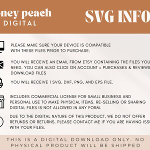May include: A digital download information graphic with a brown background and white text. The graphic includes icons for a computer, an envelope, a file, a store, and an exclamation point. The text includes information about the files included in the download, the commercial license, and the return policy. The text also states that this is a digital download only and no physical product will be shipped.