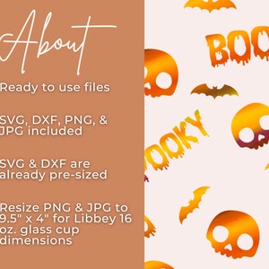 Op de afbeelding: Een digitale ontwerpset met een schedel, vleermuizen en de woorden "BOO" en "POOKY" in een gradi&euml;nt van oranje, geel en paars. Het ontwerp is klaar voor gebruik voor knutselprojecten en is vooraf geformatteerd voor een Libbey 16 ounce glazen beker van 9,5 inch bij 4 inch.