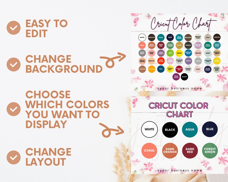May include: A digital printable Cricut colour chart with a white background and a woodgrain texture. The chart features a variety of colours in a grid format. The text "Cricut Colour Chart" is displayed at the top of the chart. The text "your business name" is displayed at the bottom of the chart.