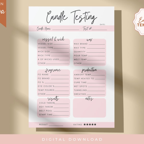 Editable Candle Testing Template, Candle Making Burn Test Log Sheet, Candle Maker Supplies, Candle Testing Printable, Candle Notes Sheet