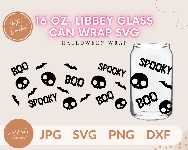 Op de afbeelding: Een digitale download van een Halloween-thema ontwerp voor een 473 ml blikverpakking met schedels, vleermuizen en de woorden "Boo" en "Spooky".